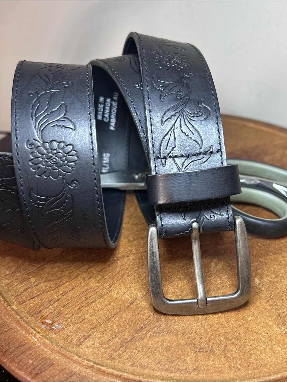 Embossed Floral Black Leather Belt 42” long